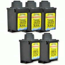 5 Pack of Remanufactured Lexmark Inkjet Cartridges (3 Black, 2 Color) - Replaces the 12A1970 and 15M0120